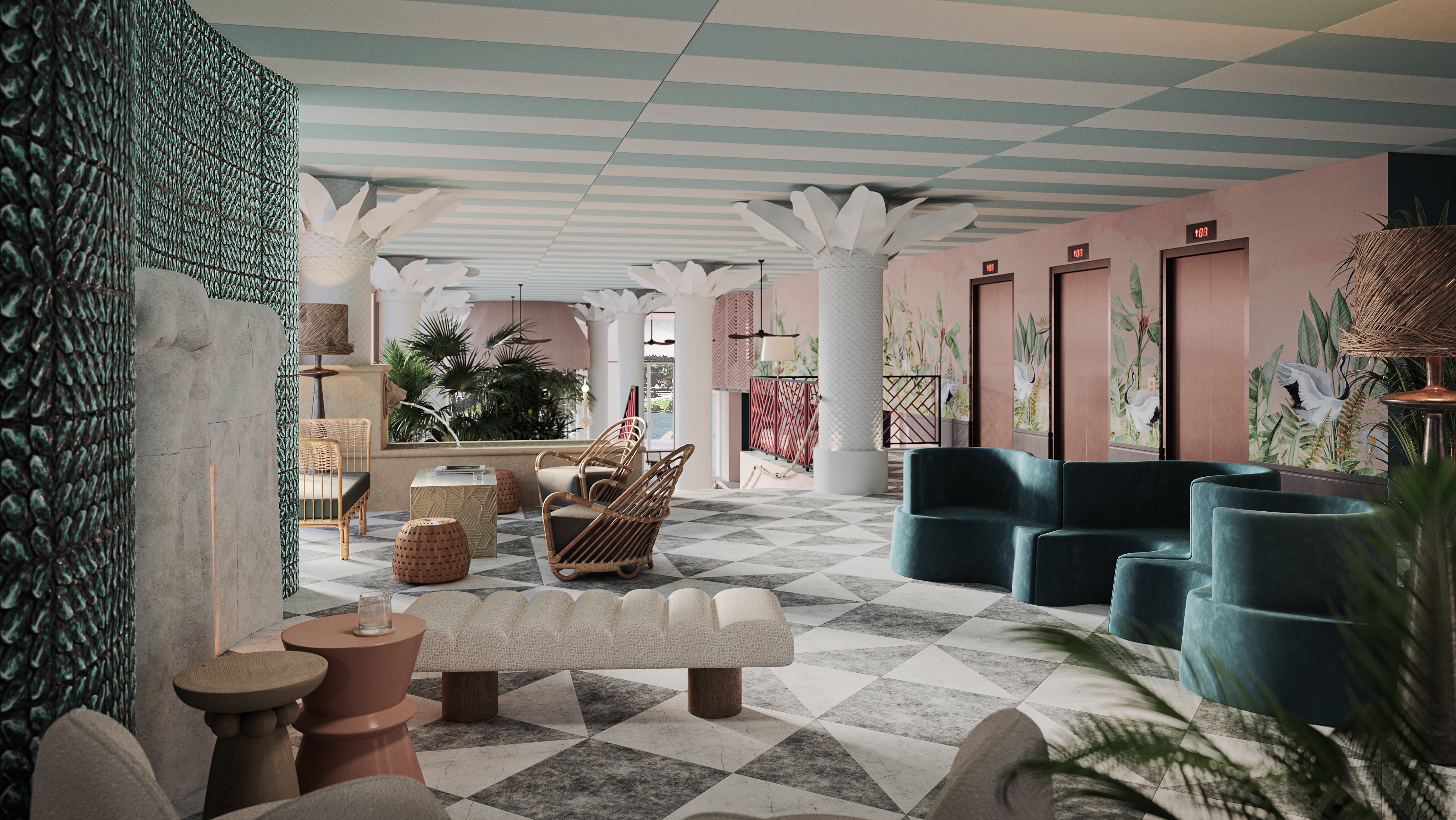 Hotel Riviera lobby (goldbox illustrasjon)