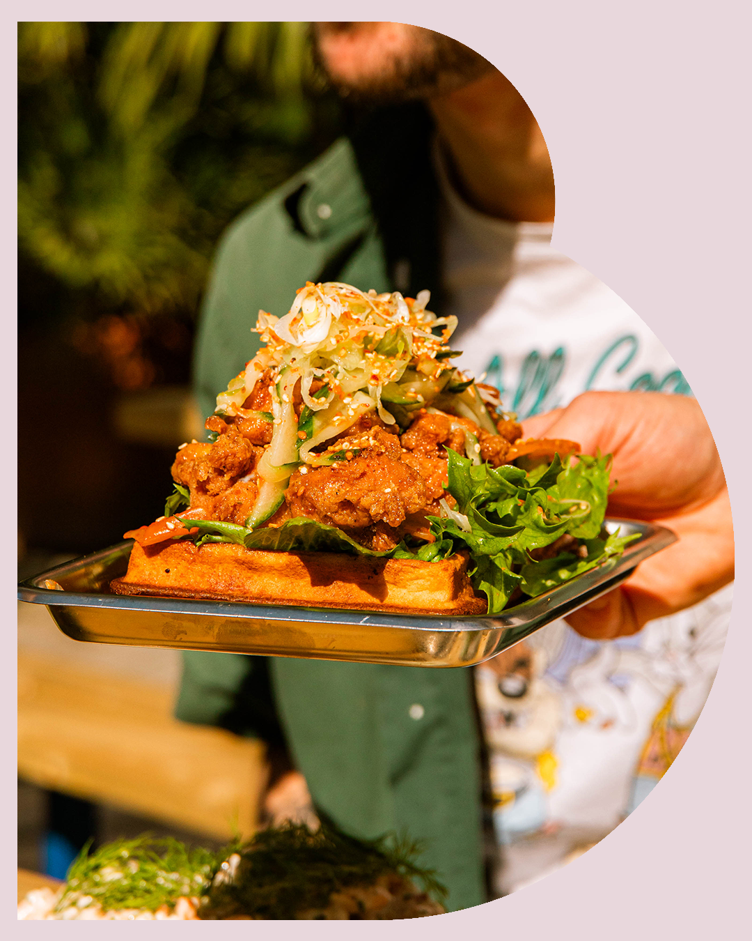 Stacked, savory waffles from Hobo Hotel’s brunch in central Stockholm.